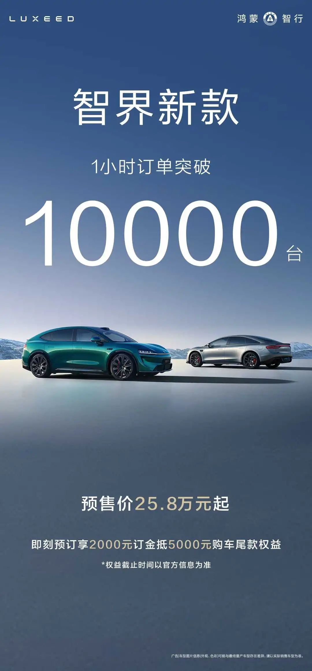 鴻蒙智行智界新款雙7車(chē)型預(yù)售1小時(shí)小訂突破10000臺(tái)